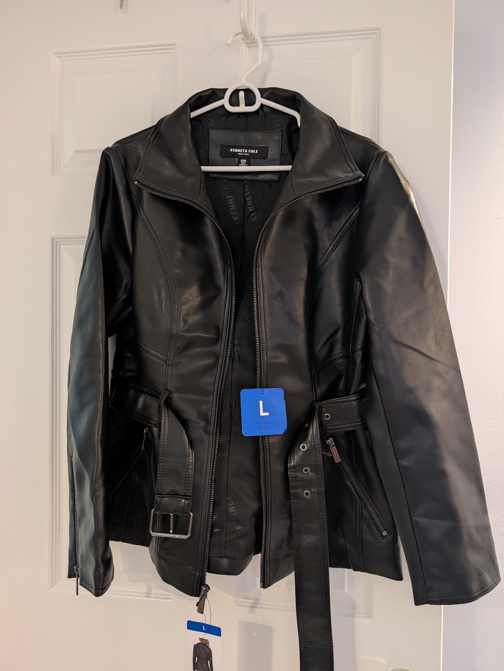 Kenneth Cole Women's Black Belted Faux Leather Jacket Size Large